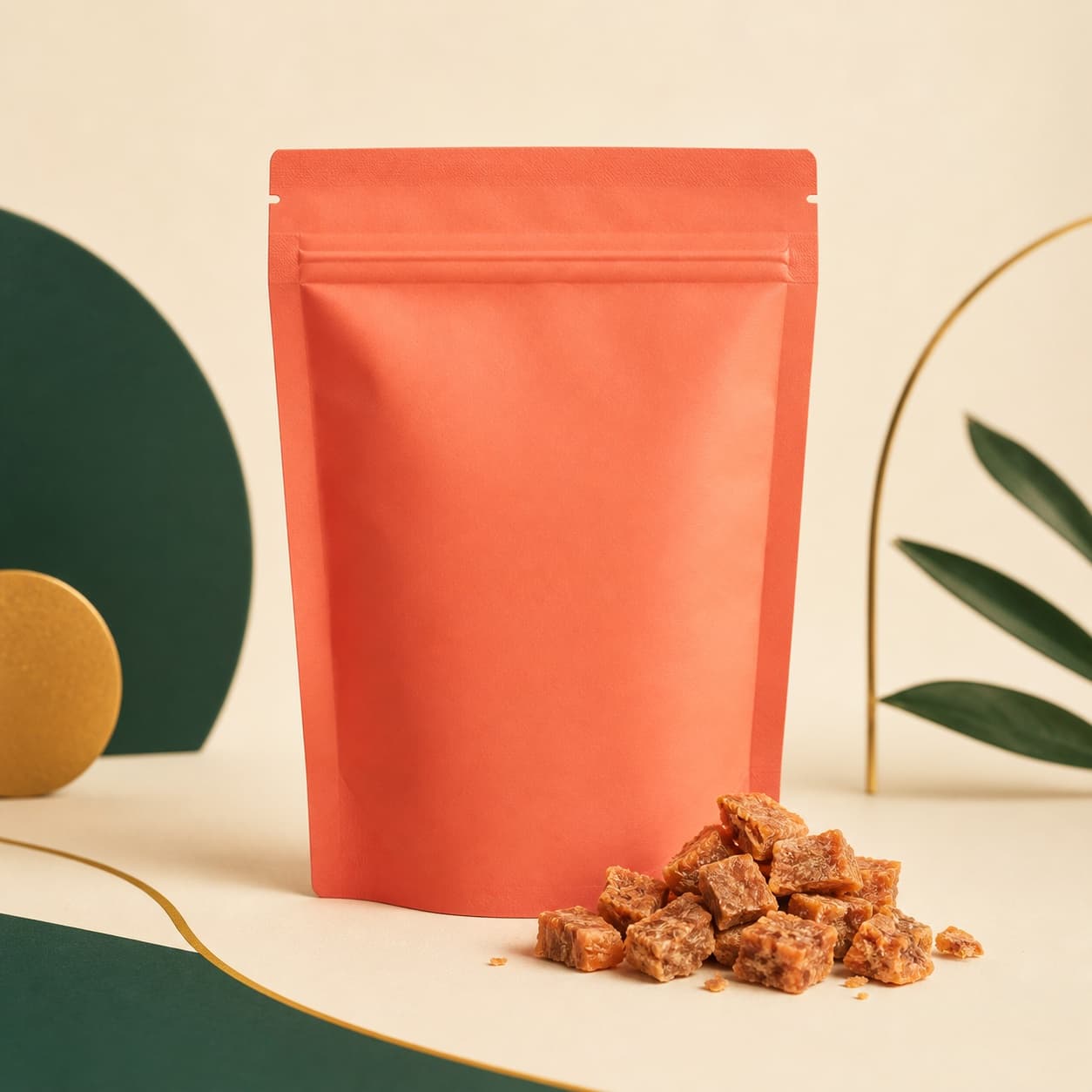 Coral pouch of Wild Salmon Bites with crunchy salmon treats on a cream studio backdrop.